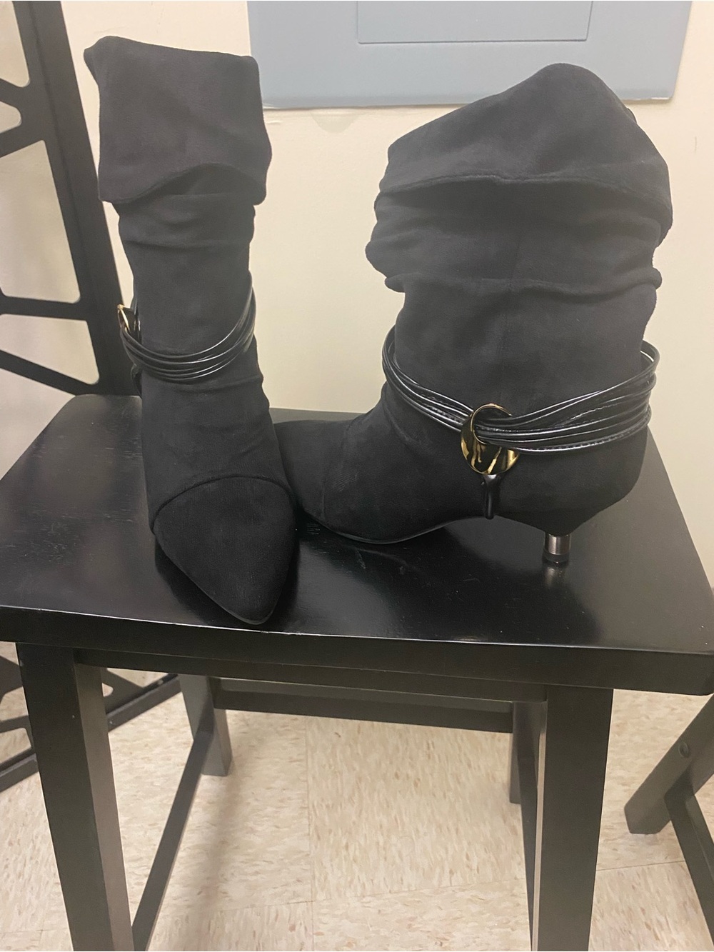 Amazon Black Slouchy Pointed-Toe Ankle Boots with Decorative Wrap Strap